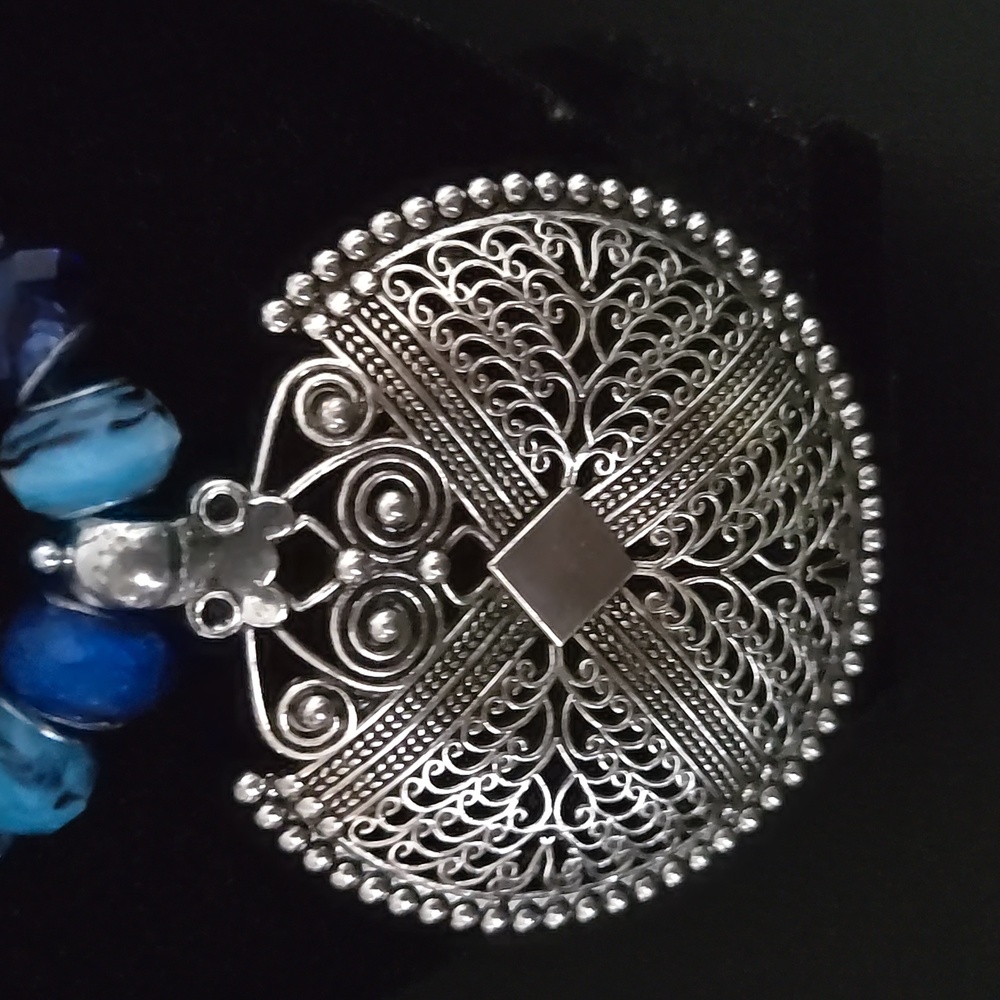 Handcrafted Silver Plated Boho Chic Style Pendant, Blue Glass and Crystal Beads - Picture 3 of 4